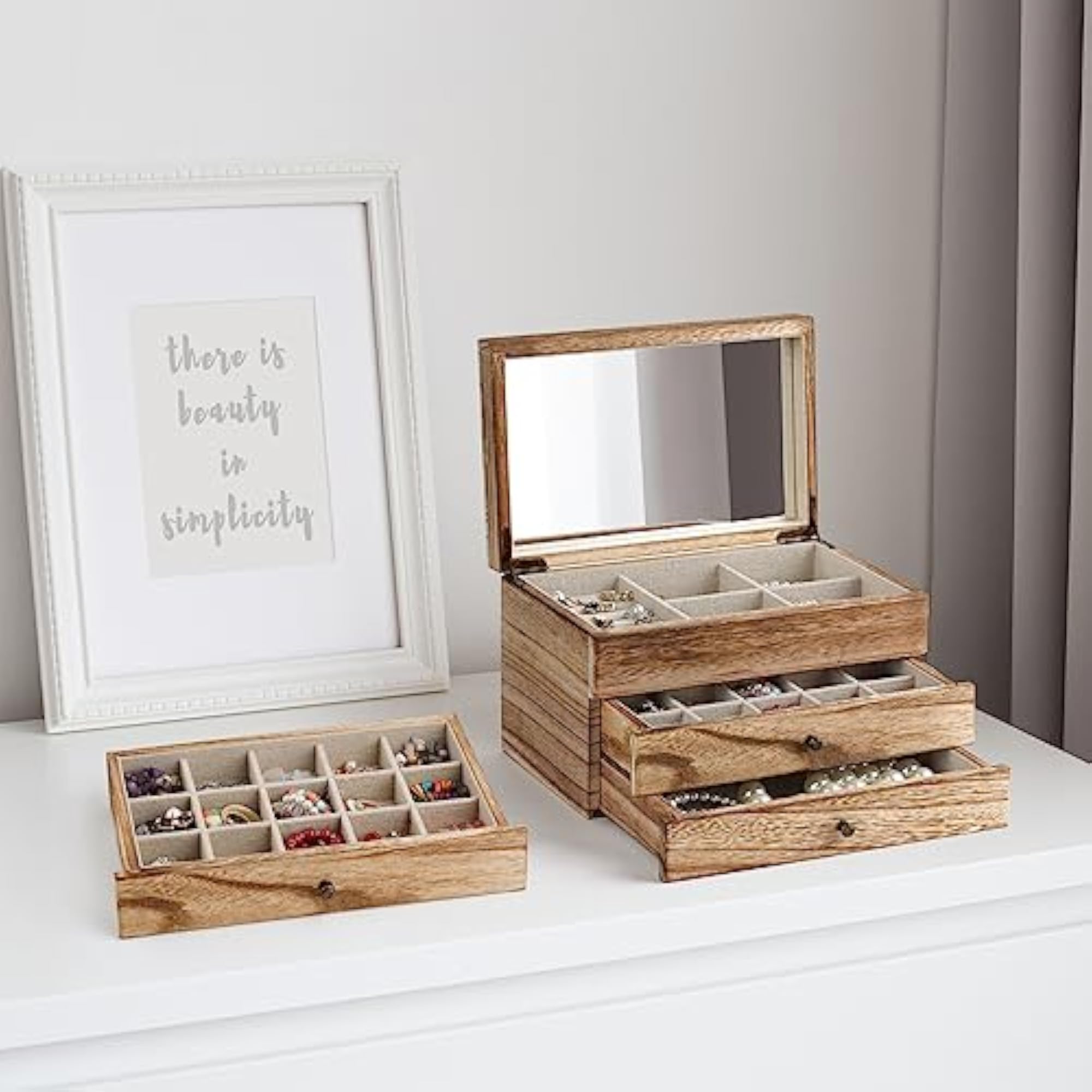 Large 3 Layer Wooden Jewelry Box with Mirror
